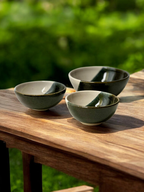 Three ceramic bowls on a wooden table with a blurred green background